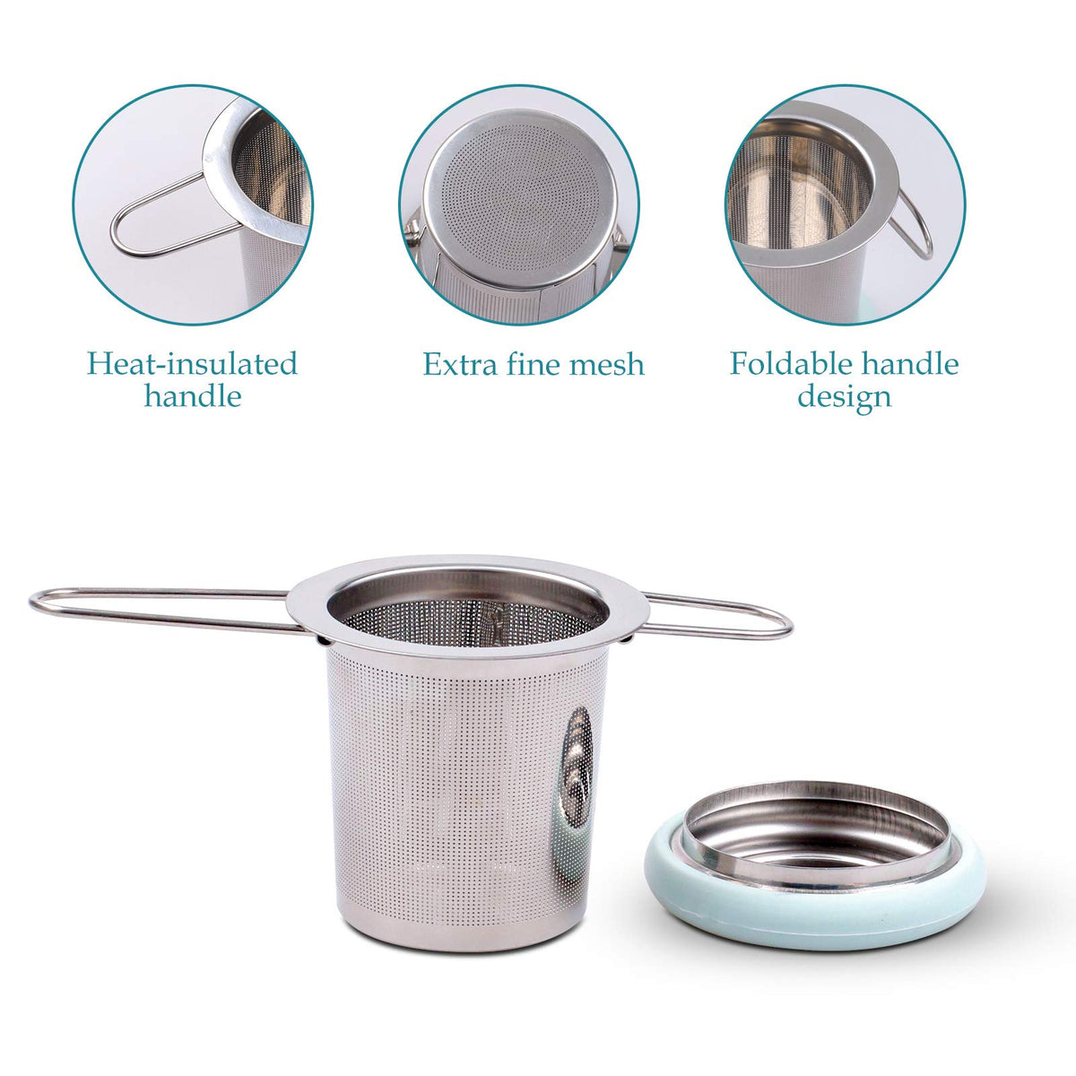 Fenshine Tea Infuser Stainless Steel Tea Strainer Folding Handle Tea Filter Extra Fine Mesh Strainer Brewing Basket with Lid