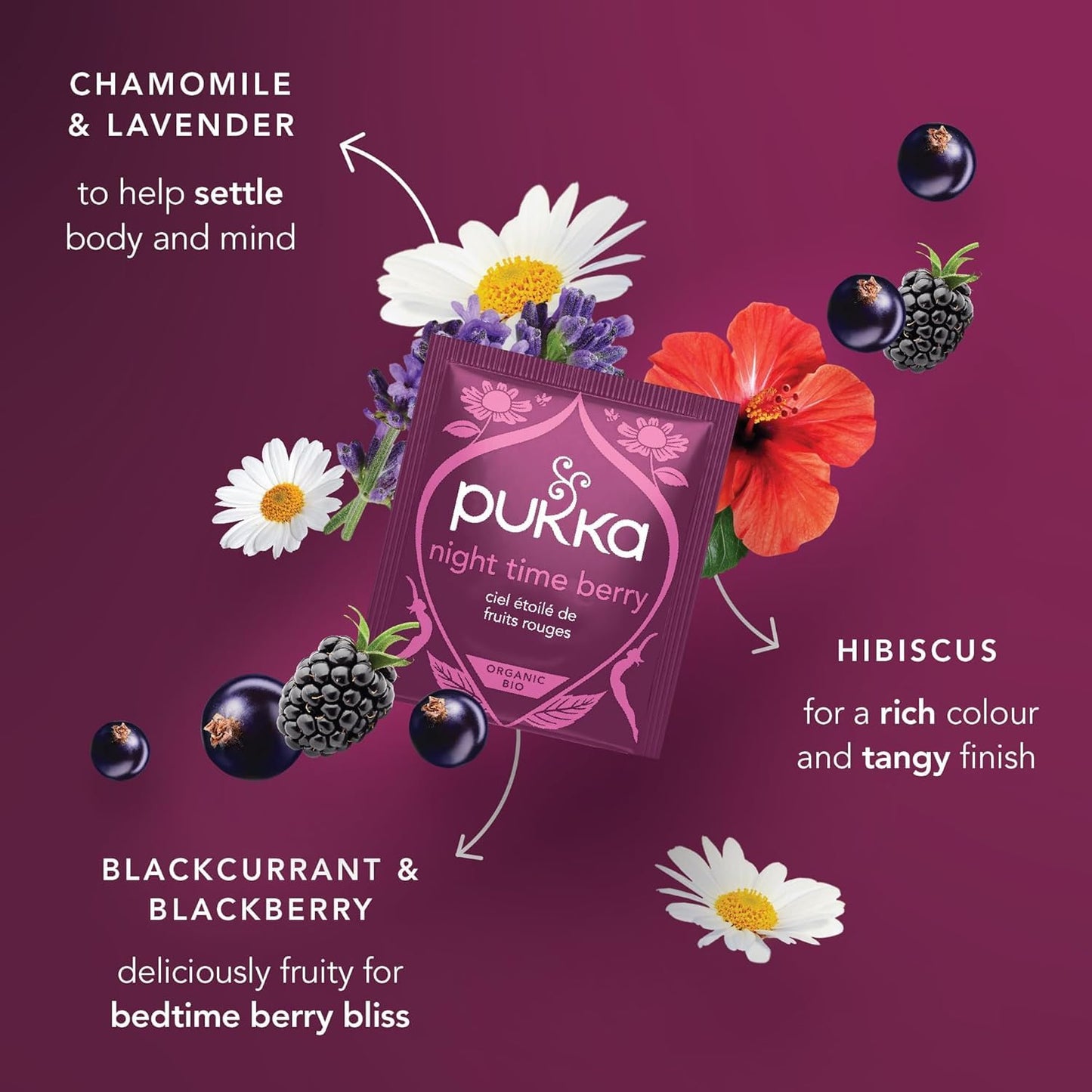 Pukka Night Time Berry Organic Herbal Tea, 80 Bags (20ct - Pack of 4) | Herbal Tea, Soothing Infusion With Chamomile, Lavender &amp; Elderberry for Bedtime Relaxation, Caffeine Free