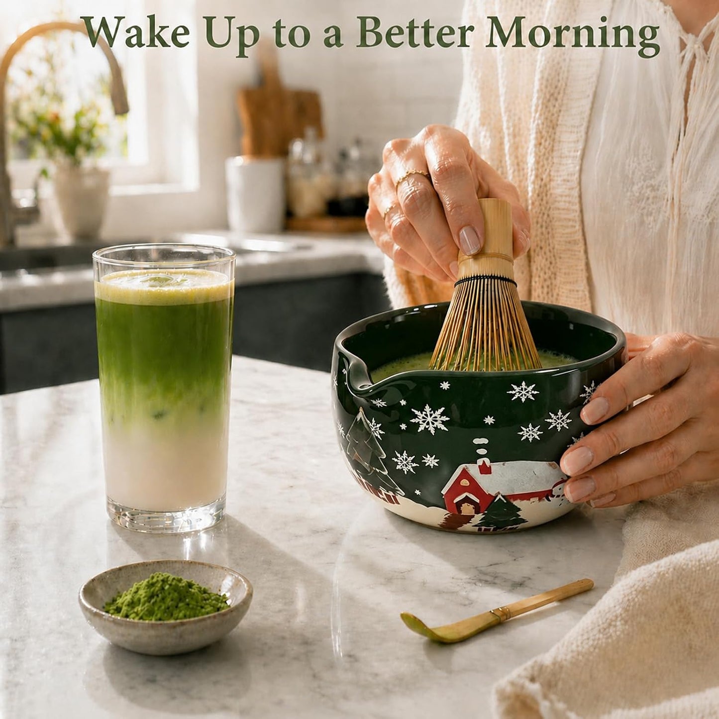 Matcha Whisk Set, Ceramic Matcha Set Includes Bowl &amp; Holder, Bamboo Whisk (Chasen), Scoop, Spoon and Sifter, 6Pcs Matcha Kit Covers Everything Needed for Making Matcha