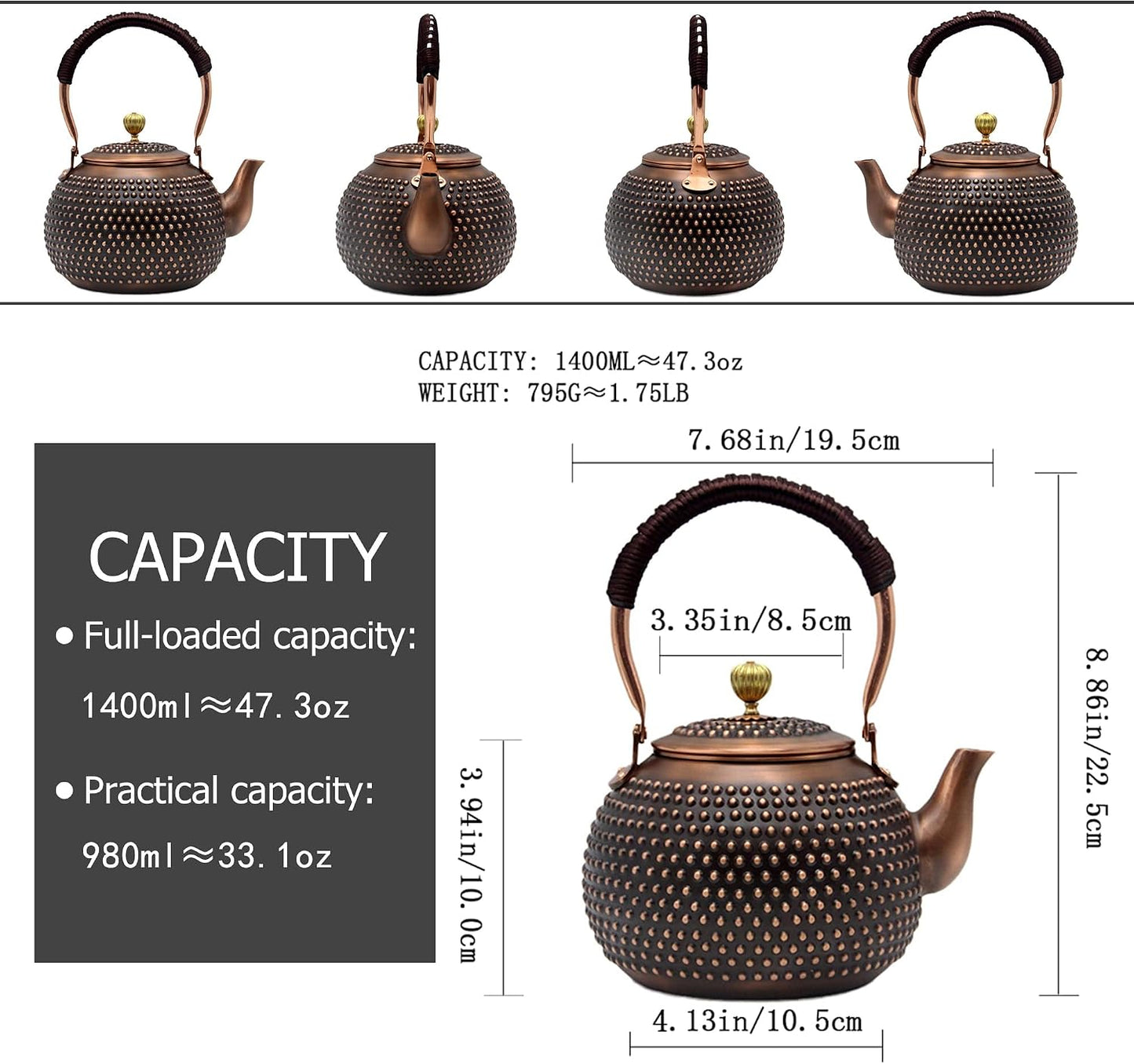 YJX 47.3oz Elegant Japanese Style Copper Tea Kettle For Stovetop Safe, Non-Coating Pure Copper Teapot with Stainless Steel Tea Ball For Loose Tea, Solid Tea Pot For 2-4 Cups (1400ml)