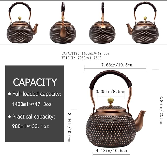 YJX 47.3oz Elegant Japanese Style Copper Tea Kettle For Stovetop Safe, Non-Coating Pure Copper Teapot with Stainless Steel Tea Ball For Loose Tea