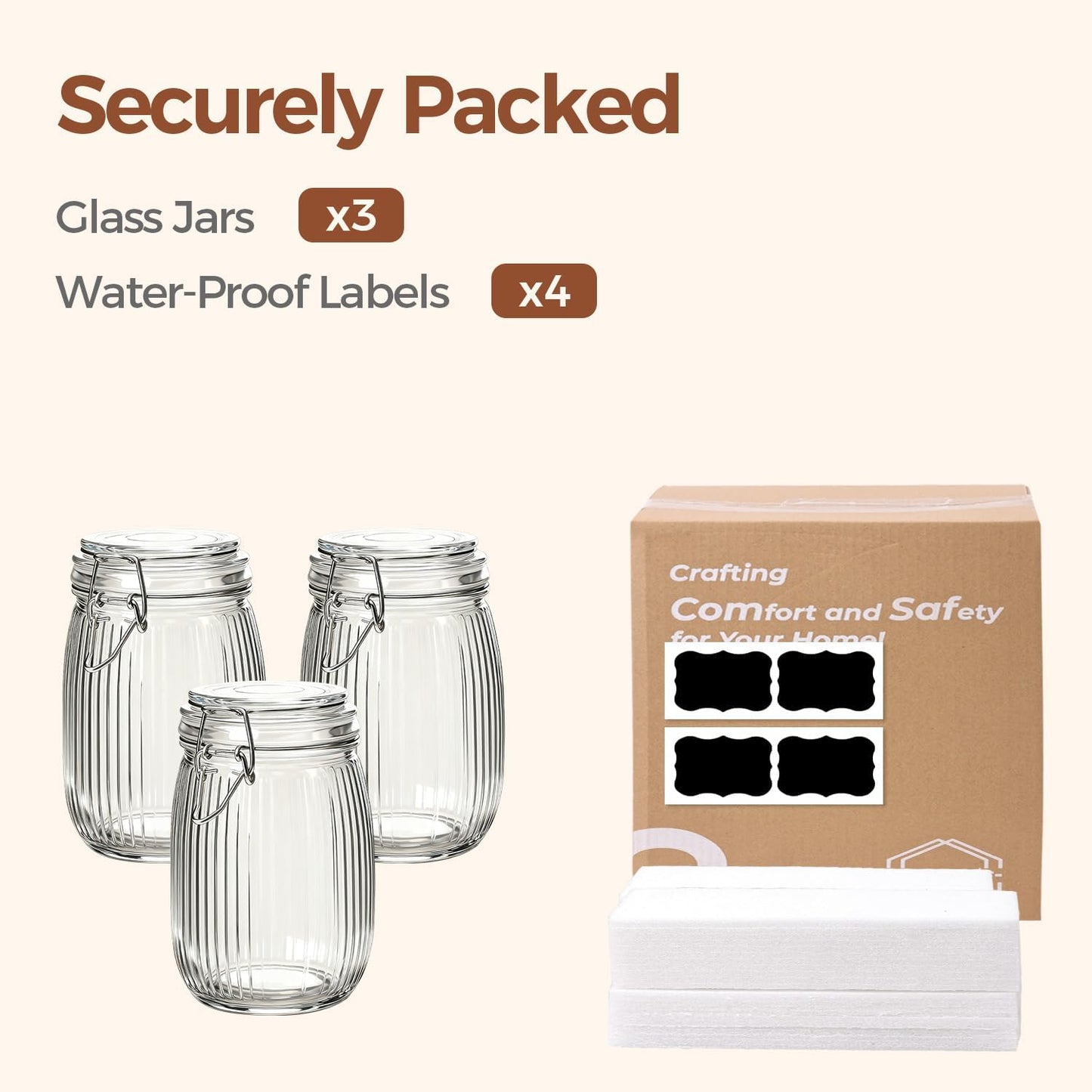 ComSaf Ribbed Glass Storage Jars Airtight Lids 34oz 3 Pack Pantry Flour | BPA-free food-grade glass, ribbed texture, bulk flour &amp; rice, pantry organization, kitchen canister set