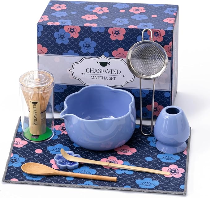 Matcha Set, 8Pcs Floral Ceramic Matcha Set with Matcha Whisk, Holder, Scoop, Scoop Rest, Sifter, Spo