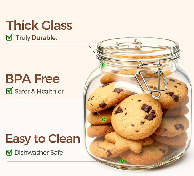 ComSaf 27oz Airtight Glass Canisters with Lids Set of 6, Square Food Storage Jar Container with Clamp Lids for Kitchen Canning Cereal Coffee Pasta Sugar Beans Spice, Clear Mason Jars with 12 Labels