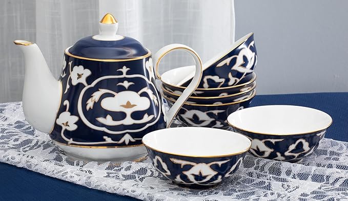 Blue and White Tea Set - 28 oz. Bone China Teapot and 6 oz. Tea Cups with White Vintage Design