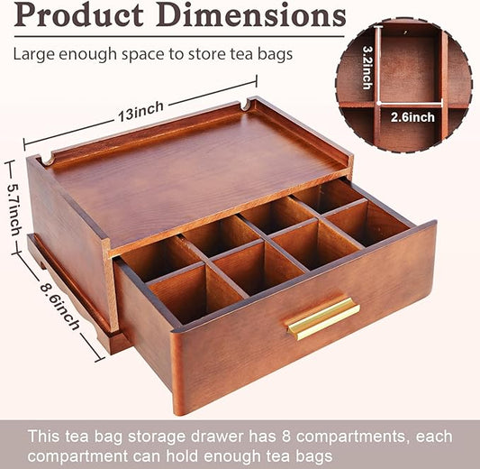 Tea Bag Organizer, Tea Organizers and Storage, Tea Box Organizer Storage Box, Tea Station Organizer for Countertop, Tea Caddy for Wood Tea Holder Organizers for Removable Drawer (Brown)