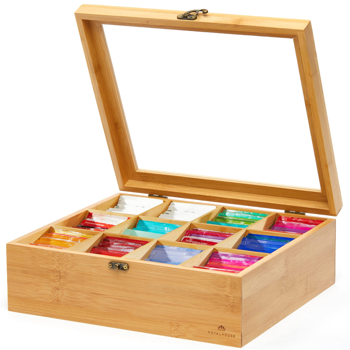 RoyalHouse Natural Bamboo Tea Storage Organizer, Clear Acrylic Top, 12 Compartments