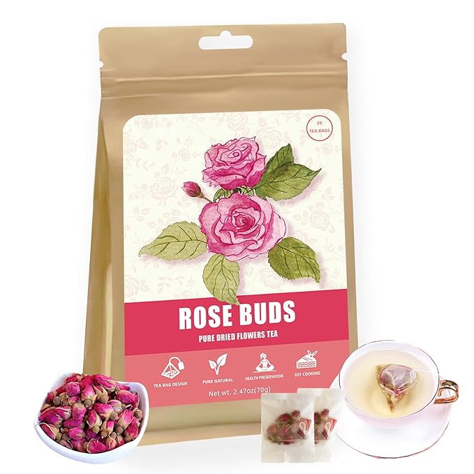 Rose Tea– Dried Rose Buds, Mini Rosa Te, 20 Tea Bags (70g / 2.47oz), rose petals edible, Sweet and Floral Aroma, No Added Sugar, Edible Flowers for Cocktails, Healthy Creative Drinks, Cake Decorating, Dessert or Crafts, Improve Mood, Digestion & Skin