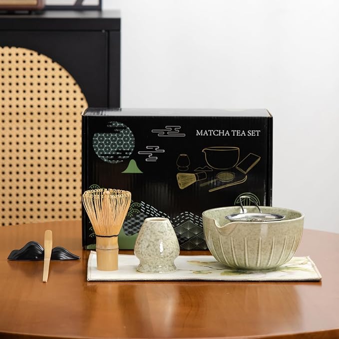 Matcha Whisk Set - 7PCS matcha kit ，Matcha Bowl with Spout, Bamboo Whisk with Ceramic Holder, Macha Scoop and Sifter, Matcha Kit for Ceremony