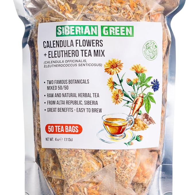 Siberian Green Ginseng Root and Calendula Flower Tea Bags – 50-Pack Herbal Tea Bags – Raw and Natural Botanical Ingredients