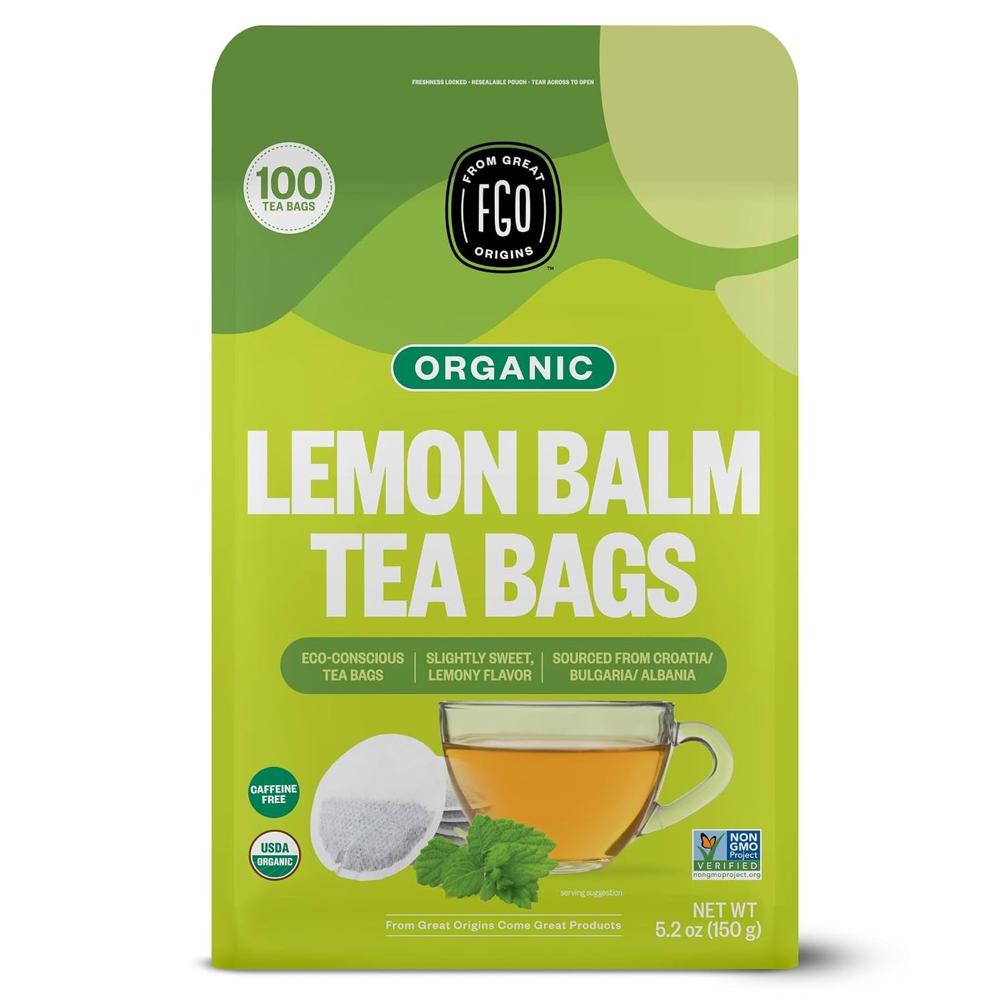 FGO Organic Lemon Balm Tea, 100 Count, Eco-Conscious Herbal Tea Bags, Resealable Bag, Caffeine Free, Packaging May Vary (Pack of 1)