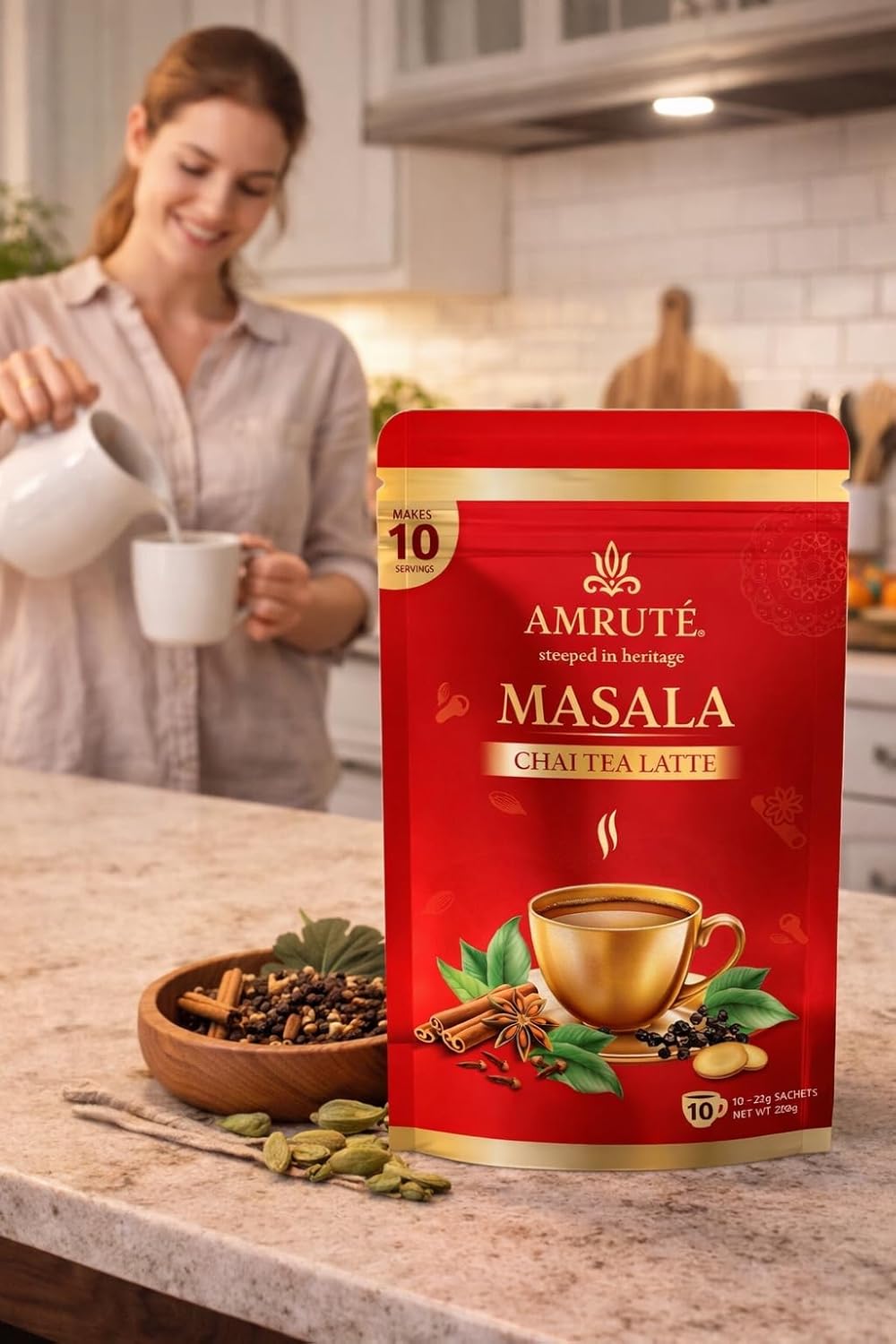 Amruté Masala Chai Tea Latte – 10 Single Serves, Instant Chai Drink Mix