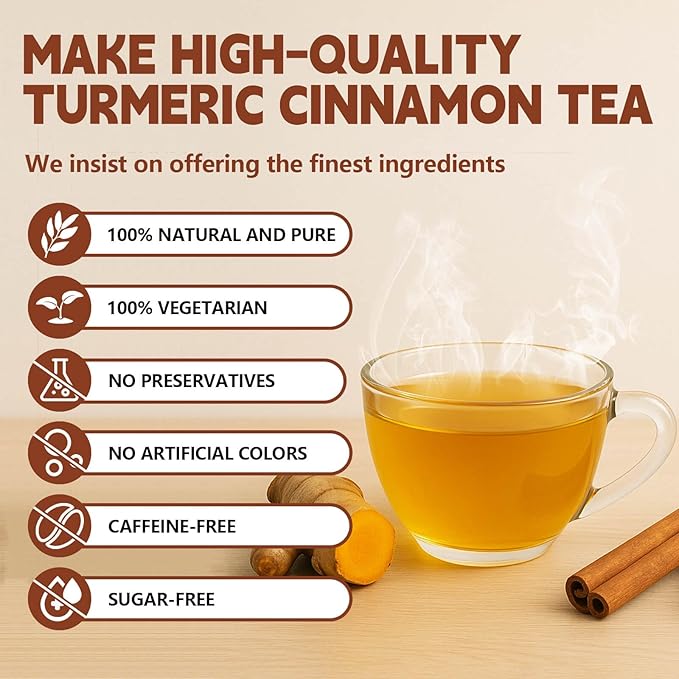 Organic Turmeric Ginger Cinnamon Tea Bags, 50 Teabags, 3g/Bag, Made with 100% Natural Turmeric and Cinnamon. Caffeine-Free, Sugar-Free, Gluten-Free