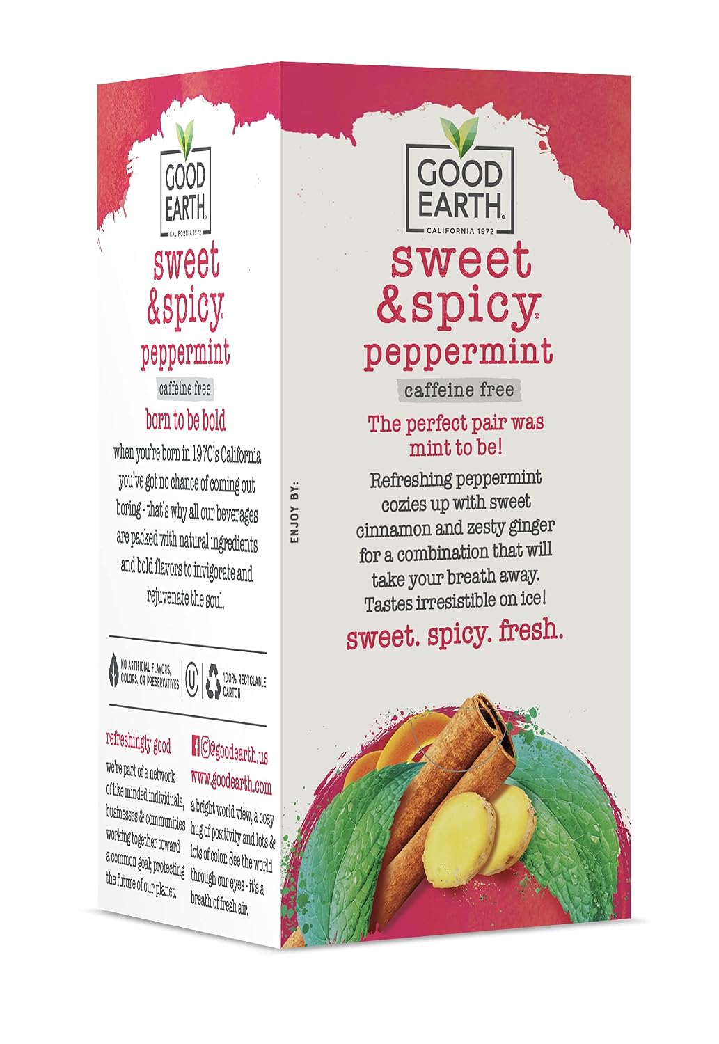 Good Earth Tea, Sweet &amp; Spicy Peppermint Herbal Tea, 18 Count, Pack of 6, Hot or Iced, Iconic Sweet &amp; Spicy with Cool Peppermint