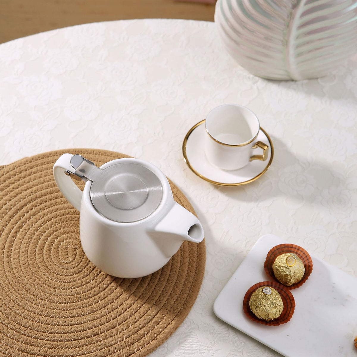 Auxmeware - Ceramic Teapot With Stainless Steel Infuser, Heat Resistant, Perfect Tea Maker, White, 500ml/17oz