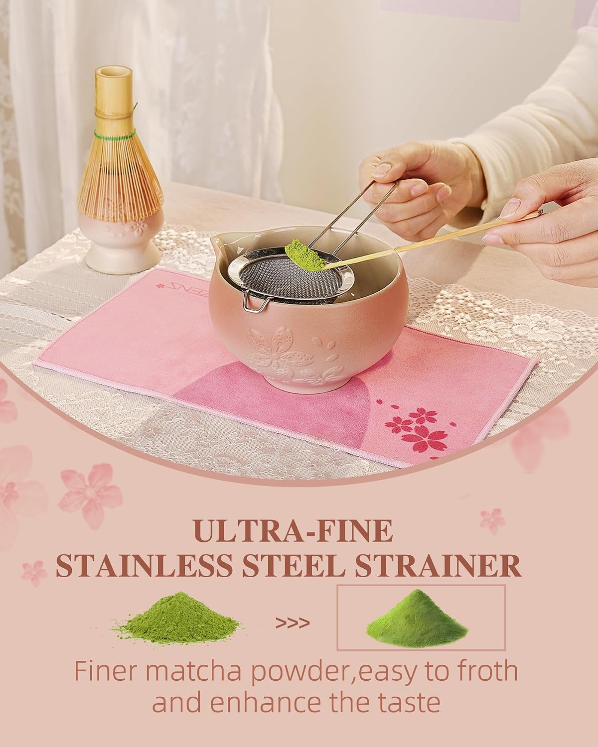 ZENS Premium Matcha Whisk Set, 6pcs Matcha Kit with Matcha Tools, Pink