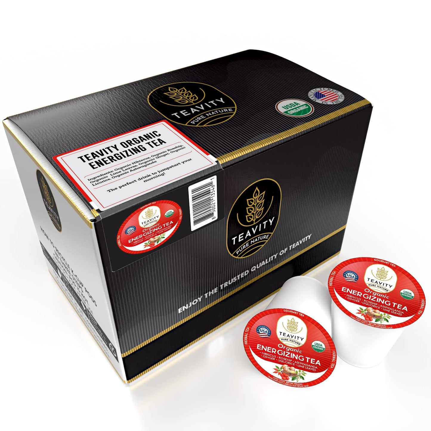 Organic Ashwagandha Tea Pods for Keurig with Ginger, Licorice, Organic Hibiscus Sabdariffa, Rosehip, &amp; Lime - Decaf Herbal Tea - Energizing Tea by Teavity (12 Count (Pack of 1), Organic Energizing Tea)