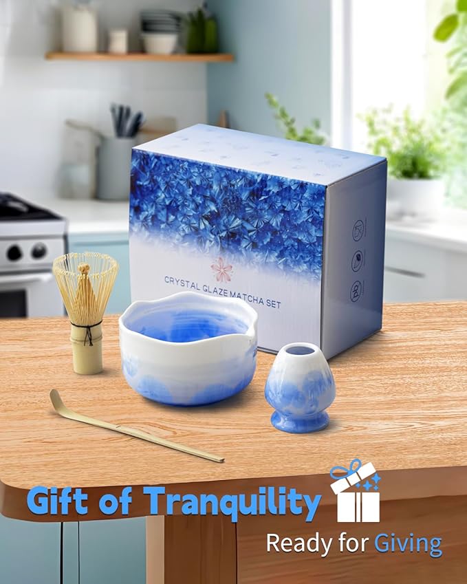 Natural Crystal Flower Matcha Set - 4 Pcs Food Grade Matcha Kit with Spouted Bowl, Matcha Whisk, Scoop and Chasen Holder