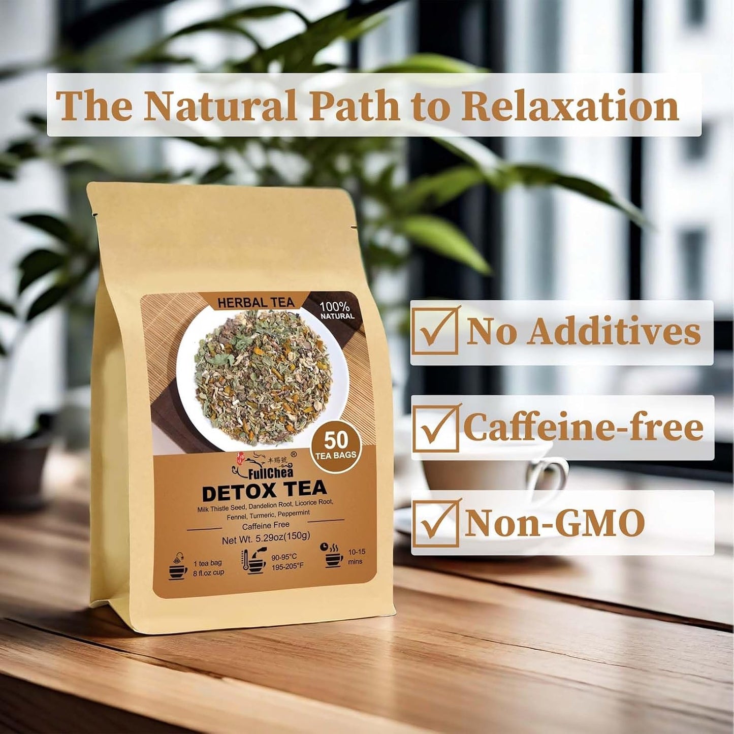 FullChea - Detox Tea Bags, 50 Count, Milk Thistle Herbal Detox Blend | Liver detox tea with milk thistle seed, dandelion root, licorice root, fennel, turmeric, peppermint, easy to brew hot or iced