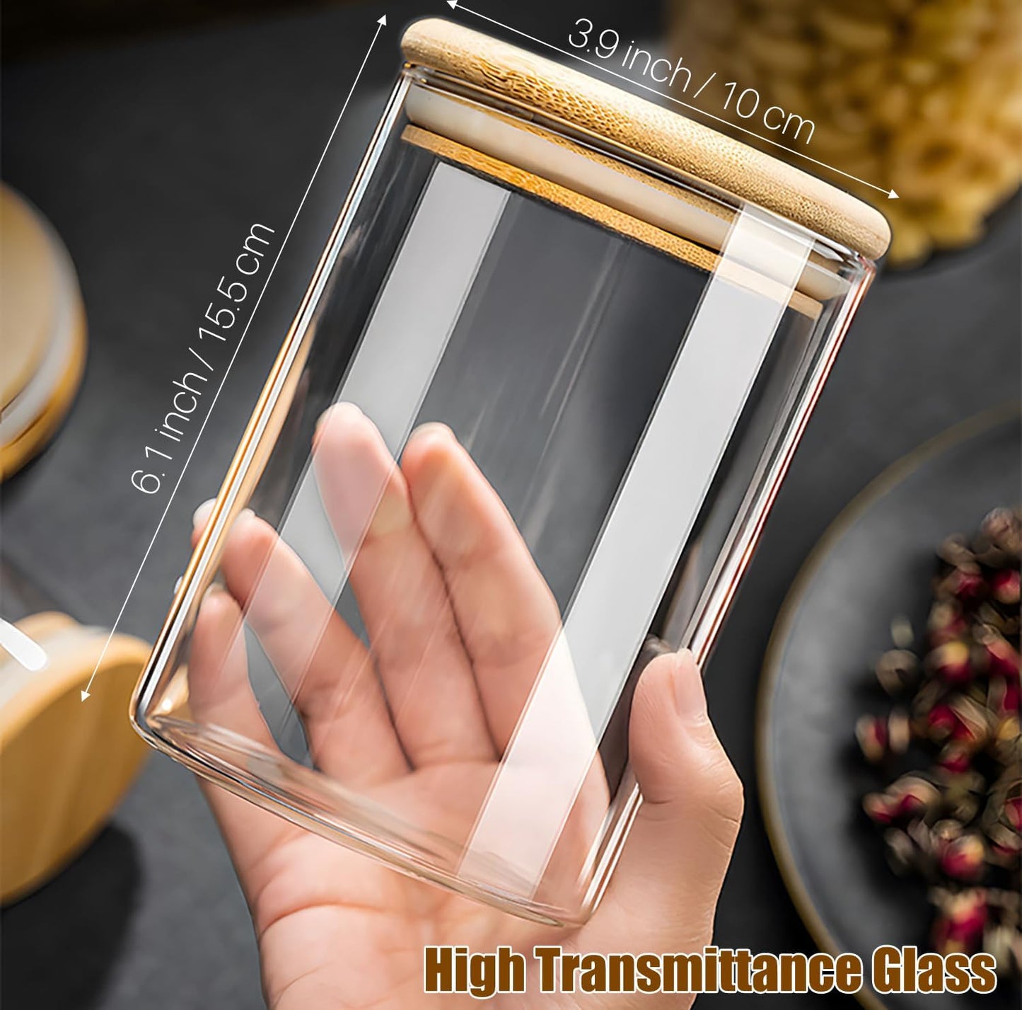 Glass Food Storage Jars with Airtight Lids, Clear Glass Jar with Bamboo Lid, Airtight Food Canister for Tea, Candy, Coffee, Sugar, Cookie, Snack. (Round | 5+6 Inch | 33+17 oz)