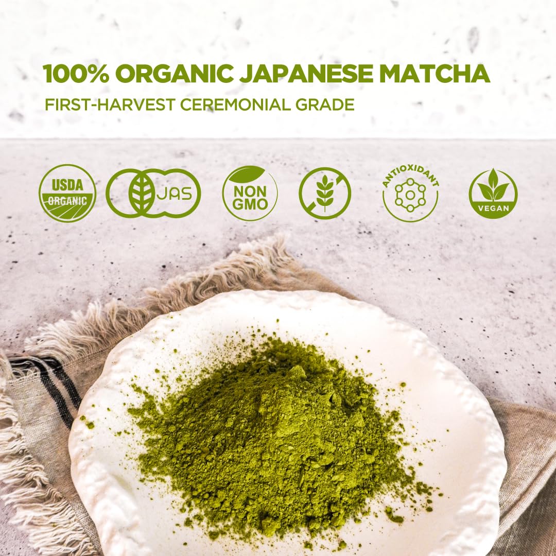 The Matcha Tribe Organic Ceremonial Grade Matcha Powder – Matcha Green Tea for Lattes | First-Harvest Stone-Ground Japanese Matcha Tea from Uji &amp; Kagoshima, Japan | 30g Tin