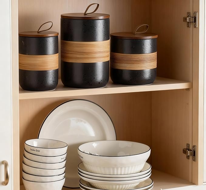 Large Storage Containers with Lids, Ceramic Coffee Container Kitchen Food Storage Jars for Spice Sugar Tea Bag, Stackable Decorative Jars for Counter, Black & 61 fl.oz