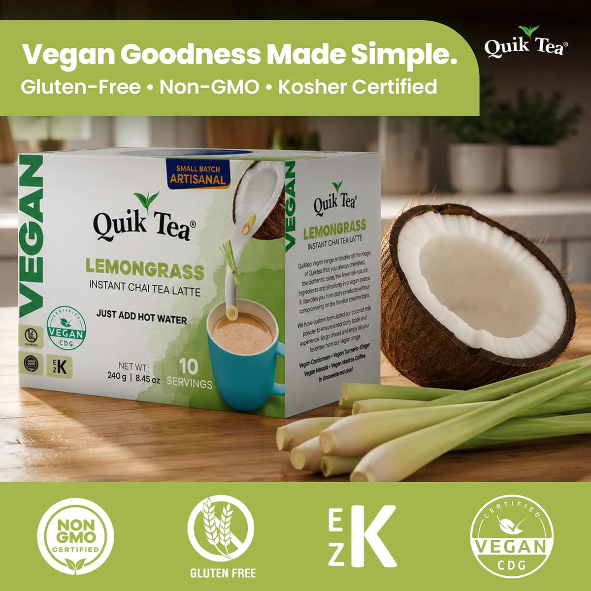 QuikTea Vegan Instant Chai Tea Latte Mix, Lemongrass, 10 Sachets