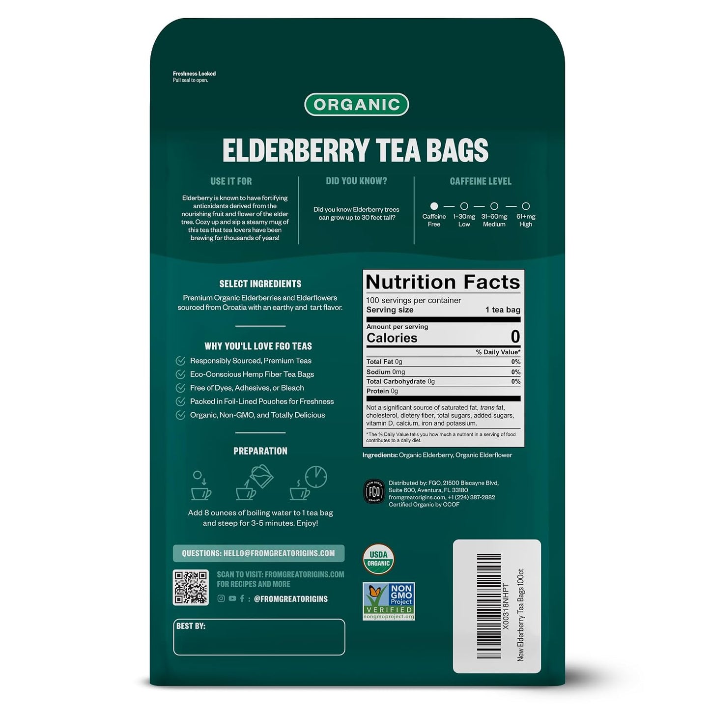 FGO Organic Elderberry Tea, 100 Count, Eco-Conscious Tea Bags, Resealable Bag, Packaging May Vary (Pack of 1)
