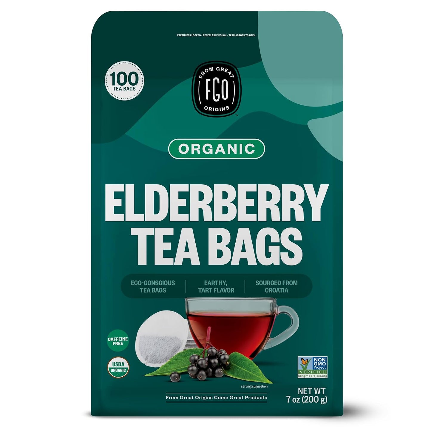FGO Organic Elderberry Tea, 100 Count, Eco-Conscious Tea Bags, Resealable Bag, Packaging May Vary (Pack of 1)