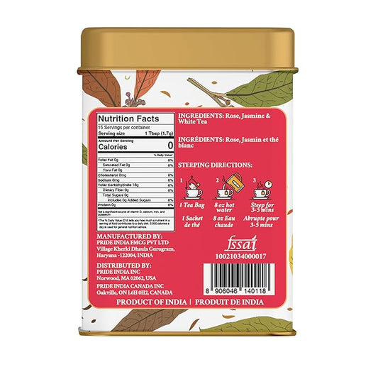 Pride of India | Jasmine Rose Royal White Tea | 15 Pyramid Full Leaf Individually Wrapped Tea Bags | Smooth & Sweet Flavor | Soothing & Calming Experience | Less Caffeine, Non-Bioengineered