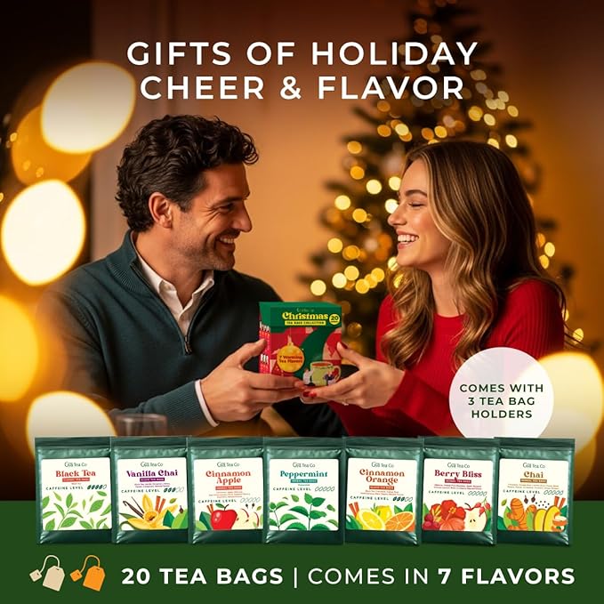 Gya Tea Co Christmas Assorted Tea Bags Variety Pack - 20 Bags 7 Seasonal Flavors - Caffeinated & Caffeine Free Holiday Tea Sampler Gift Set Box - Easy Brew, Natural Ingredients, Enjoy Hot or Iced