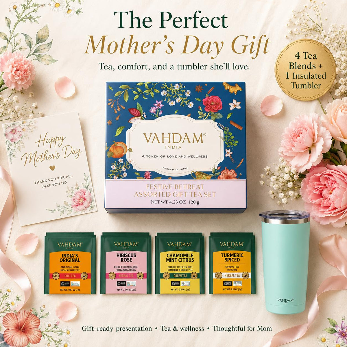 VAHDAM Assorted Tea Gift Set for Mom with Cruise Tumbler (4 Varieties
