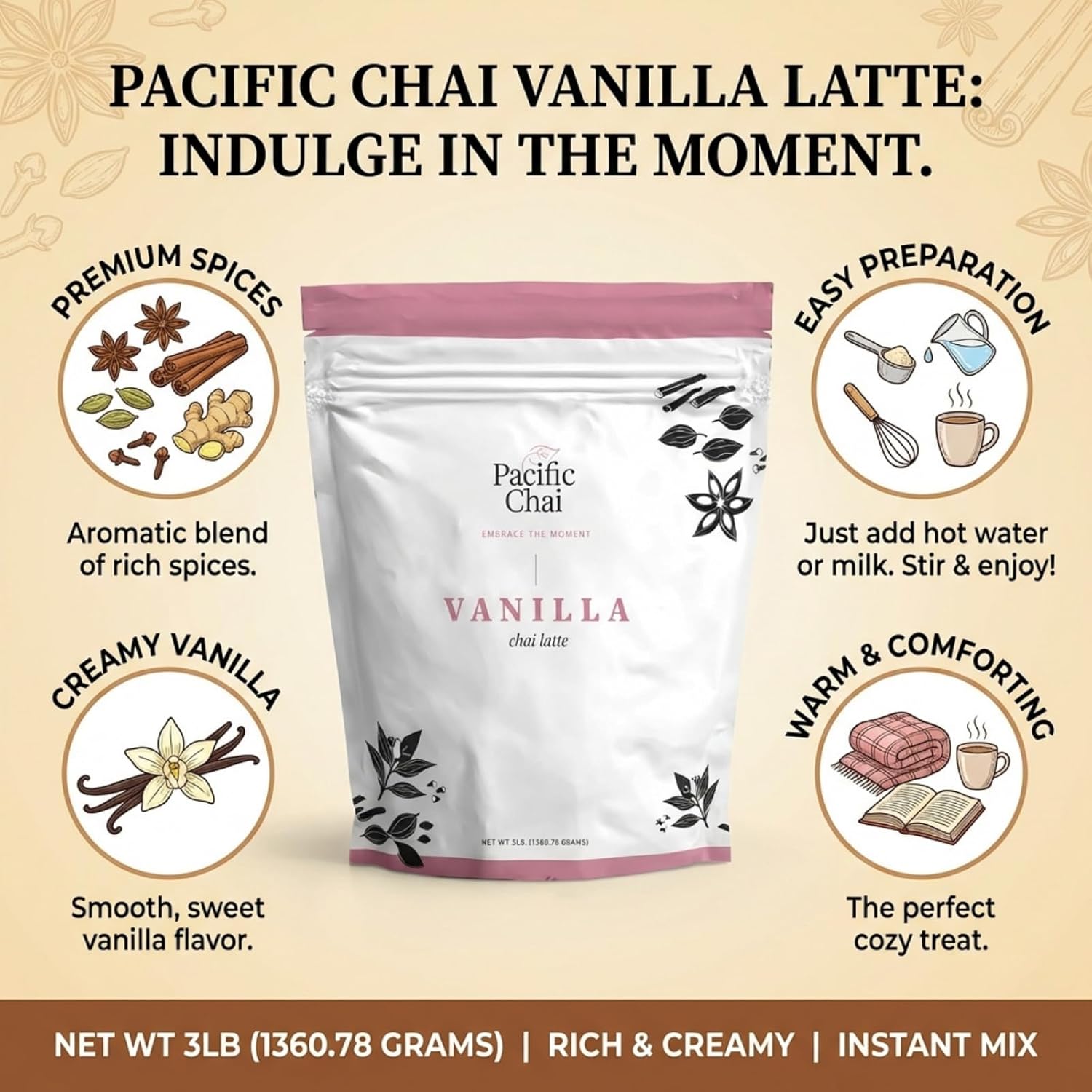 Pacific Chai Vanilla Chai Latte Mix, Instant Chai Tea Latte Powder Drink Mix, Gluten Free, Kosher, Spiced Tea Latte, 3 LB