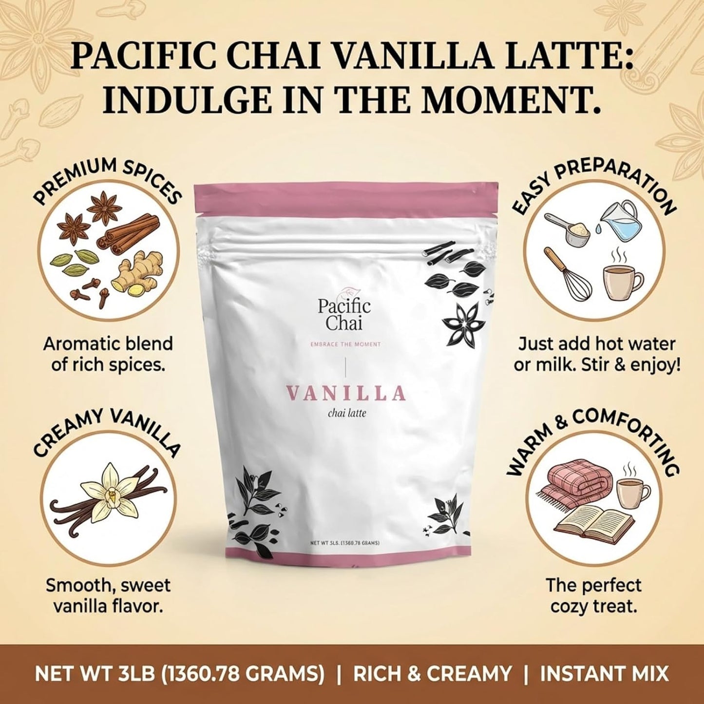 Pacific Chai Vanilla Chai Latte Mix, Instant Chai Tea Latte Powder Drink Mix, Gluten Free, Kosher, Spiced Tea Latte, 3 LB (Pack of 3)