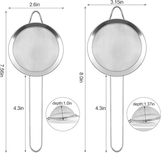 2 Pack Fine Mesh Strainer, Small Stainless Steel Sieves with Handles, for Steeping Loose Leaf Tea, Straining Cocktail, Juice and Sifting Flour