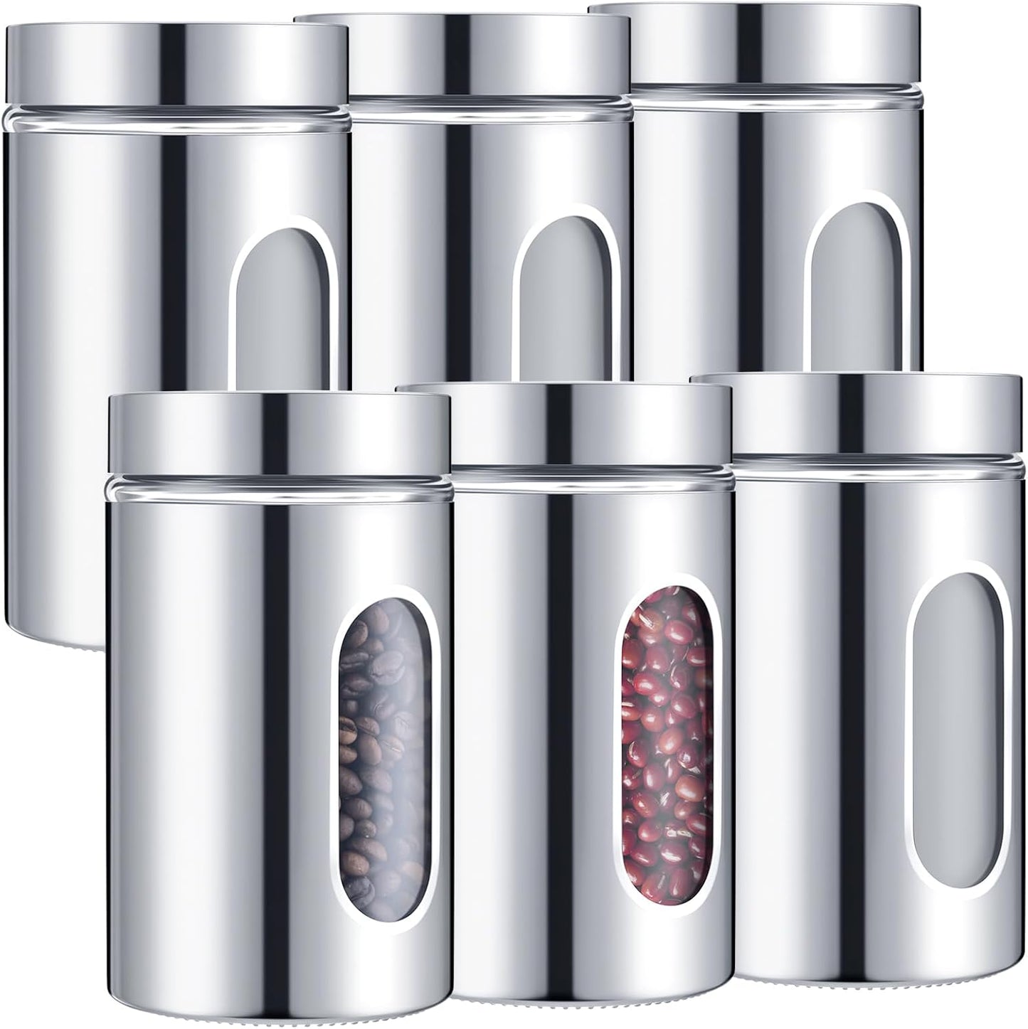 Mimorou 6 Pack 32 oz Airtight Stainless Steel Kitchen Canisters, Silver | Set Window Canister Jars, Coffee Tea Sugar, Quick Refill Check, Pantry Organization, Countertop Storage, Spice and Candy Jars