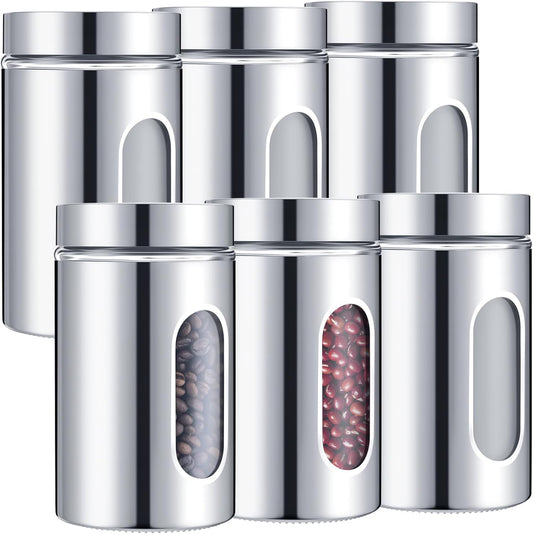 Mimorou 6 Pack 32 oz Airtight Stainless Steel Kitchen Canisters, Silver | Set Window Canister Jars, Coffee Tea Sugar, Quick Refill Check, Pantry Organization, Countertop Storage, Spice and Candy Jars