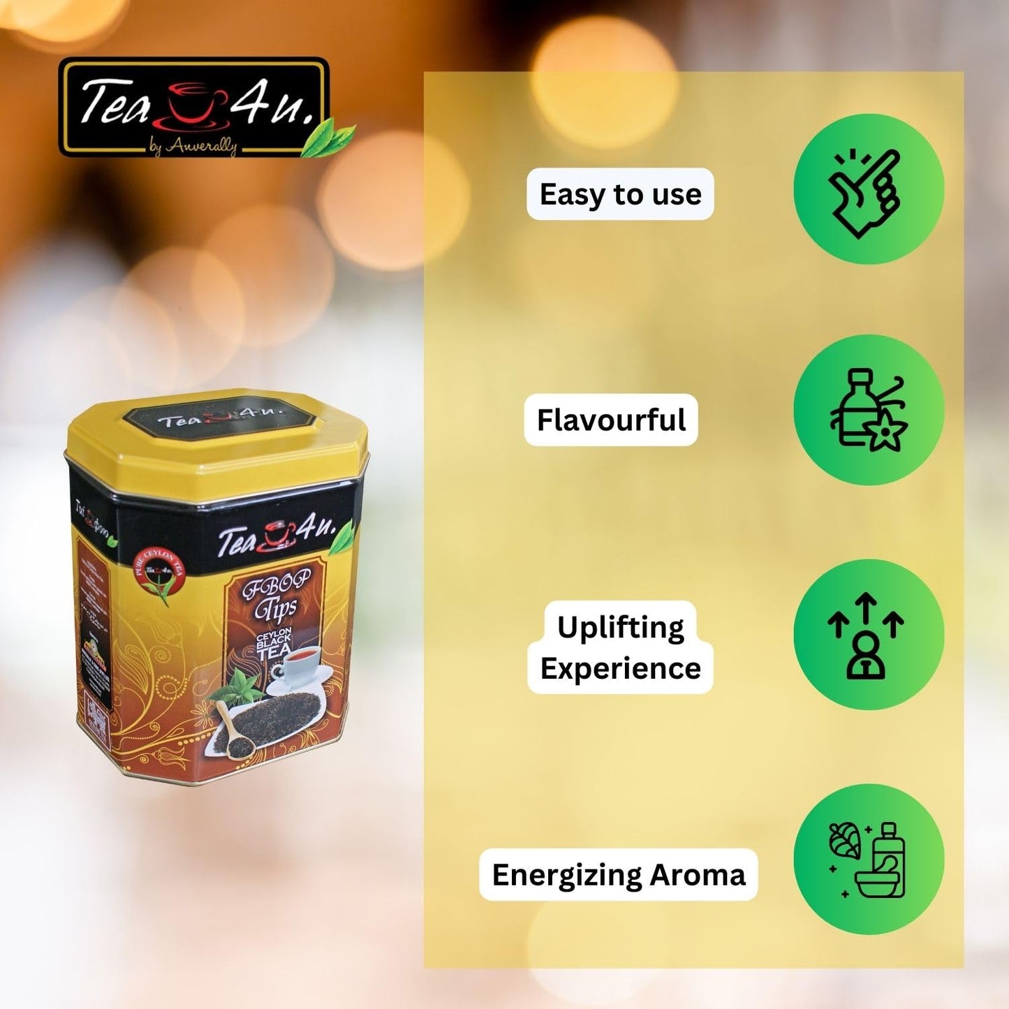 Tea4U Flowery Broken Orange Pekoe (FBOP) Tips Loose Black Ceylon Tea - Handpicked Fresh Tea Leaves with Rich Aromatic Flavor - Metal Canister for Authentic Flavor &amp; Long Lasting Freshness - 200g