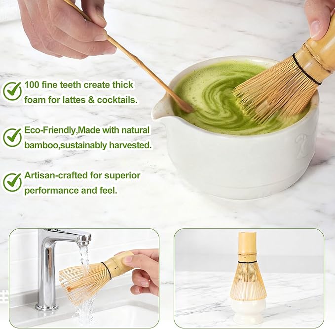 Topchances 7Pcs Matcha Whisk Set,Ceramic Matcha Tea Set Includes Whisk Matcha Bowl Scoop and Whisk with Holder Sifter Towel