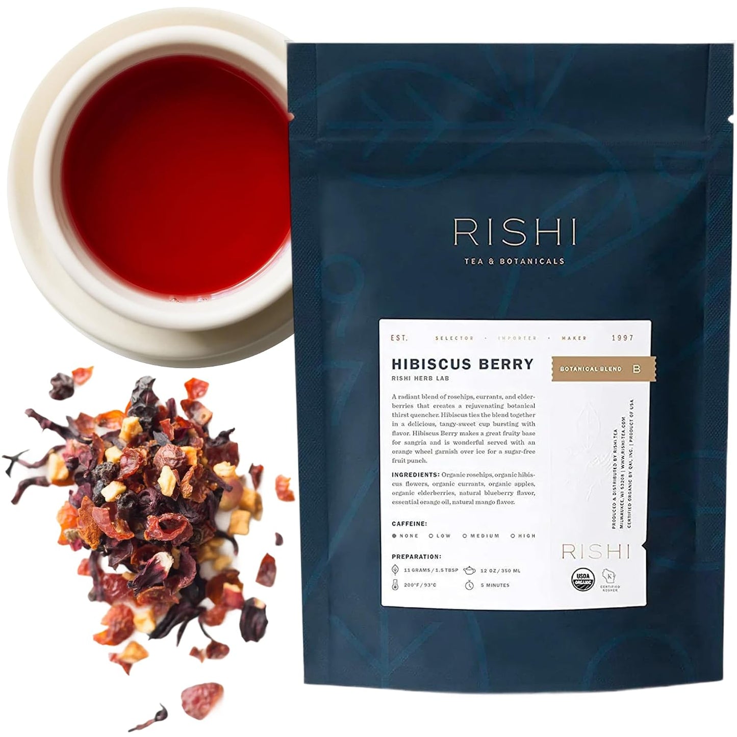 Rishi Tea Hibiscus Berry Organic Herbal Loose Leaf Tea, Caffeine Free, 4oz | Antioxidant Rich, Naturally Sweet Botanical Tea Blend, Enjoy Hot or Iced, Sustainable, 10+ Servings
