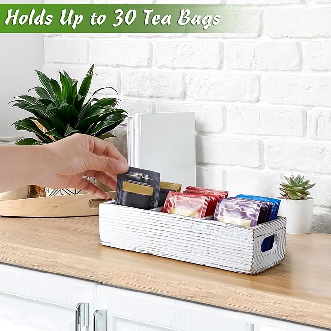 Drastar Tea Bag Organizer with 3 Slots, Wooden Sugar Packet Holder, Mini Tea Bag Caddy Box for Countertop, Retro White