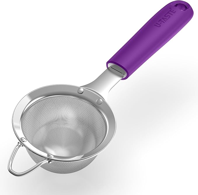 U-Taste Small Fine Mesh Strainer: 18/8 Stainless Steel 3.35in 30 Mesh Kitchen Food Sieve with Sturdy Riveted Silicone Handle, Heavy Duty Deep Handheld Metal Colander for Tea, Juice (Purple)