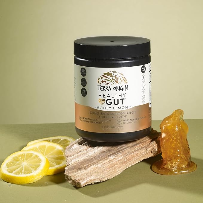 Terra Origin Healthy Gut Powder (Honey Lemon), 30-Servings with L-Glutamine, Zinc, Glucosamine, Slippery Elm Bark and More!