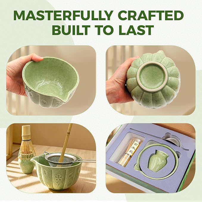 Matcha Whisk Set-5pcs, 16OZ Japanese Tea Set Includes Matcha Bowl with Spout, Bamboo Whisk with Ceramic Holder