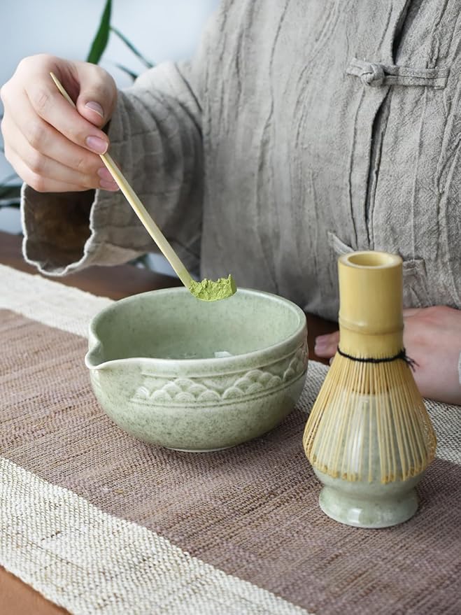 Artcome Matcha Tea Set with Pouring Spout - Green Ceramic Matcha Bowl, Bamboo Whisk, Whisk Holder