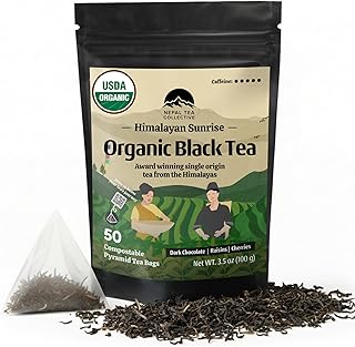 NEPAL TEA Organic Black Tea Bags from the Himalayas - 50 Pyramid Tea Bags in a Resealable Pouch - Single Origin from a Family Farm - Black Tea Bags with Loose Leaf Tea Inside (Himalayan Sunrise)