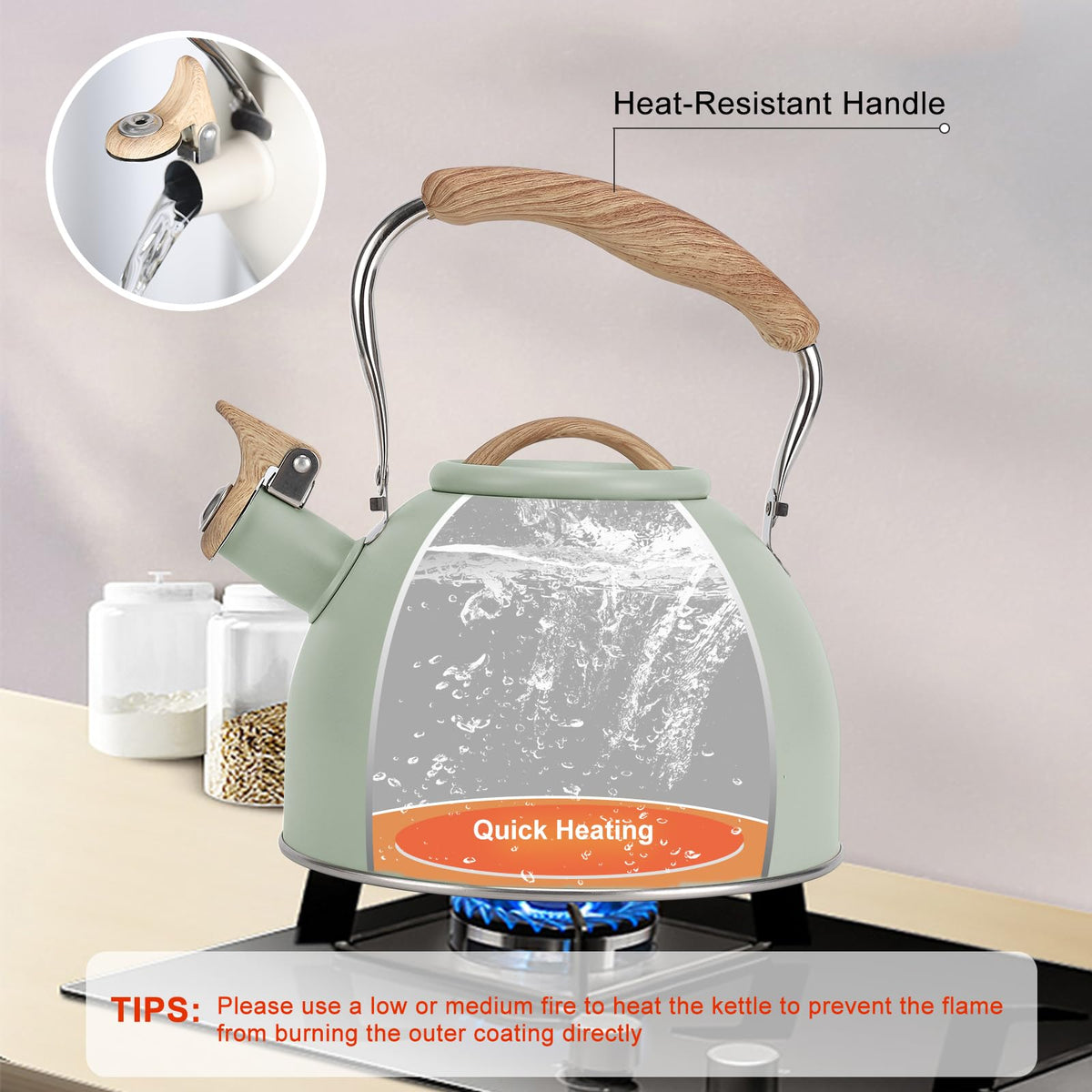 Tea Kettle, Vegoran 100 OZ / 3 Liter Whistling Tea Kettle, Tea Pots for Stove Top Food Grade Stainless Steel with Wood