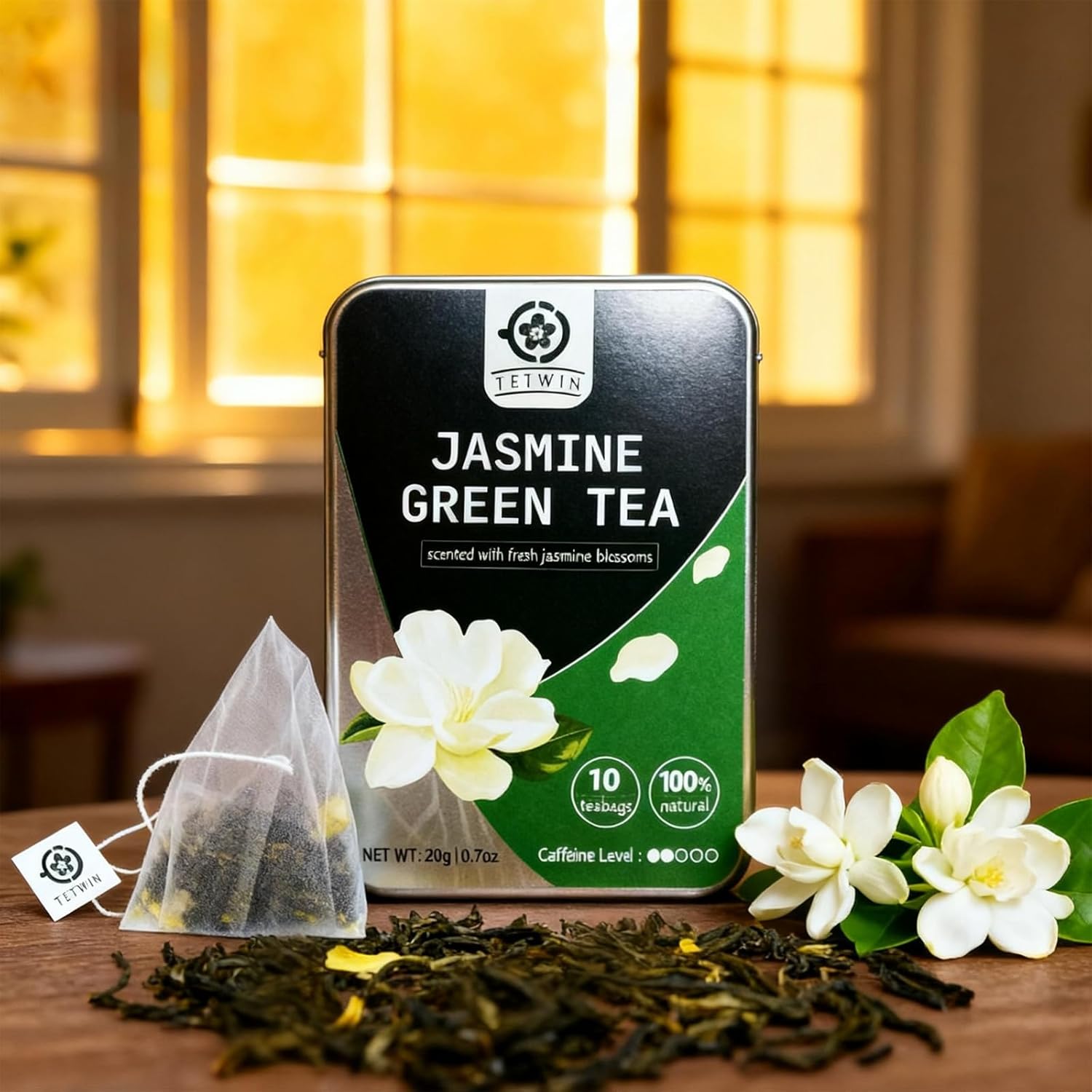 TETWIN Jasmine Green Tea Loose Leaf in PLA Tea Bags, 10ct Samplers in Mini Tin –Smooth Jasmin Aroma & Gift-Ready, party favor