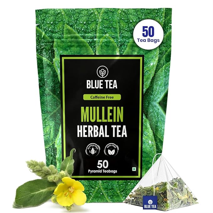 Blue TEA Mullein Tea – 50 Pyramid Plant-Based Tea Bags – Caffeine-Free, Non-Bitter, Ziplock Pack