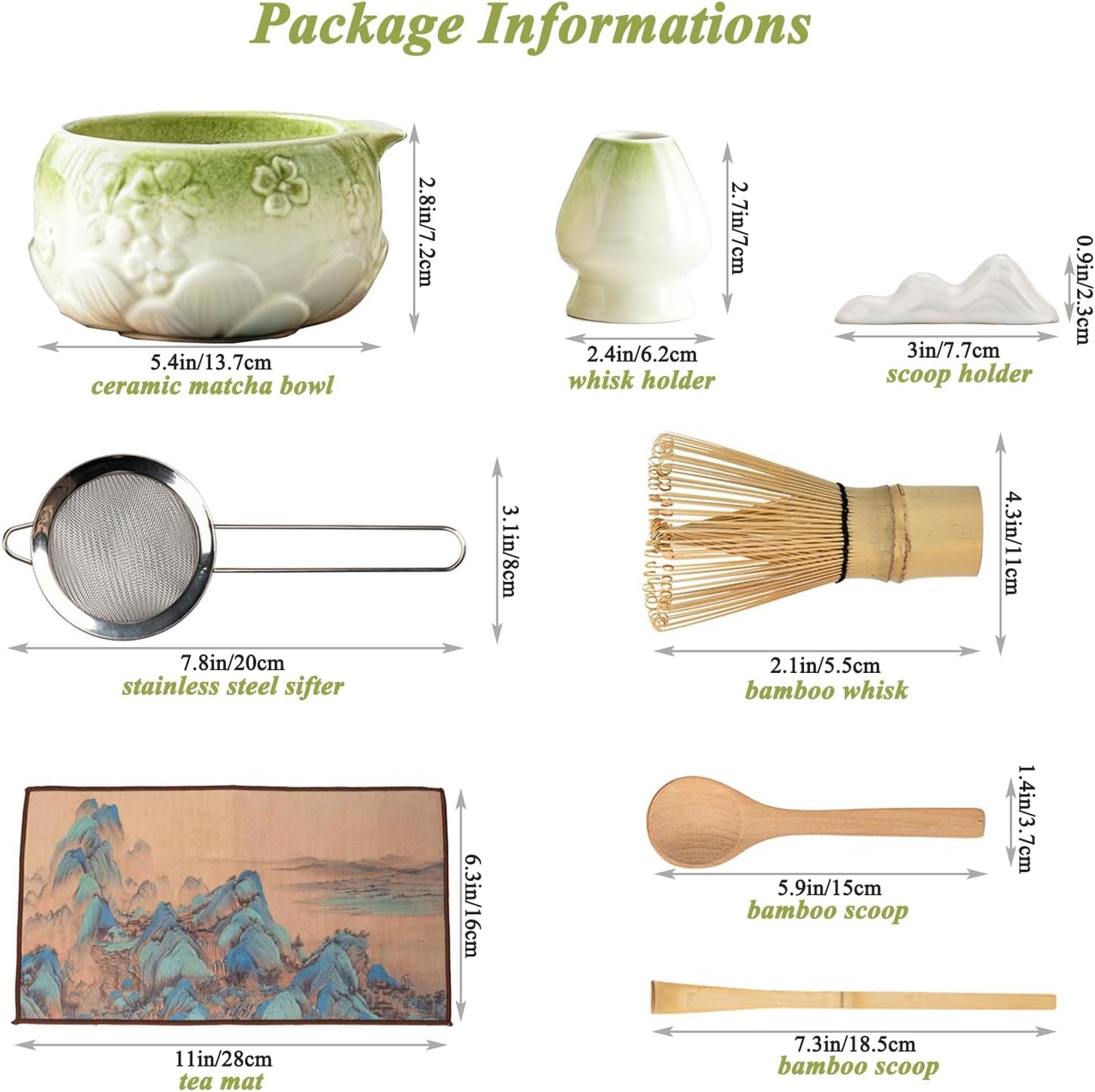 8 Pcs Matcha Whisk Set - Ceramic Matcha Making Kit, Perfect Gifts (Green) | Complete Ceramic Matcha Set, Ceremonial Matcha Tea Kit for Beginners &amp; Tea Lovers